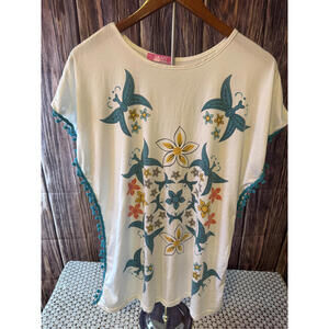 BOHO Butterfly Print Tunic with Teal Pom Pom Trim Women's XXL White Floral